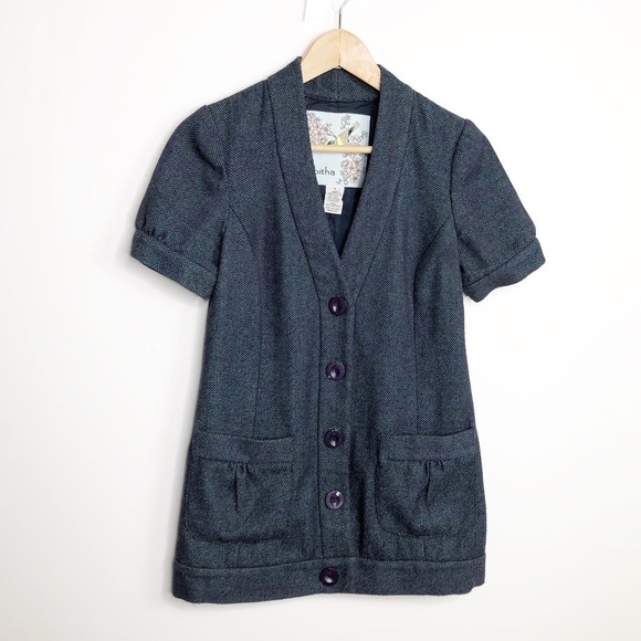 TABITHA, blue textured button, front short sleeve blazer - Picture 9 of 9